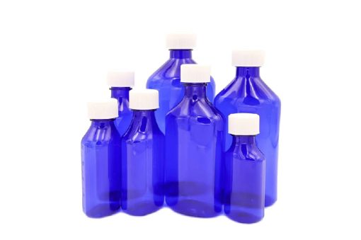 16 oz Blue Graduated Oval RX Bottles with CR Caps