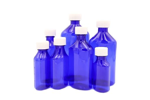 2 oz Blue Graduated Oval RX Bottles with CR Caps