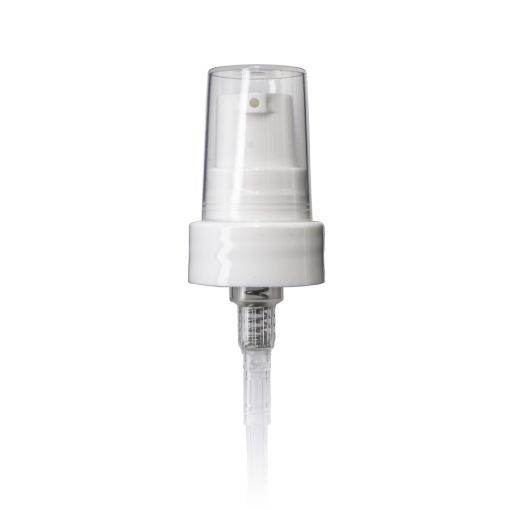 White 20-410 Smooth Skirt Dispensing Treatment Pump with Clear Cap and 115mm Dip Tube