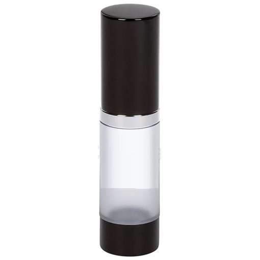 Airless Bottle, Black Cap, Shiny Silver Collar, Frosted Body, 15 mL