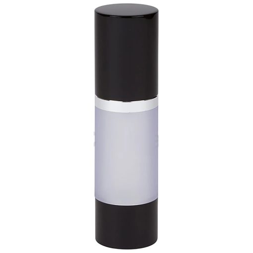 Airless Bottle, Black Cap, Shiny Silver Collar, Frosted Body, 30 mL