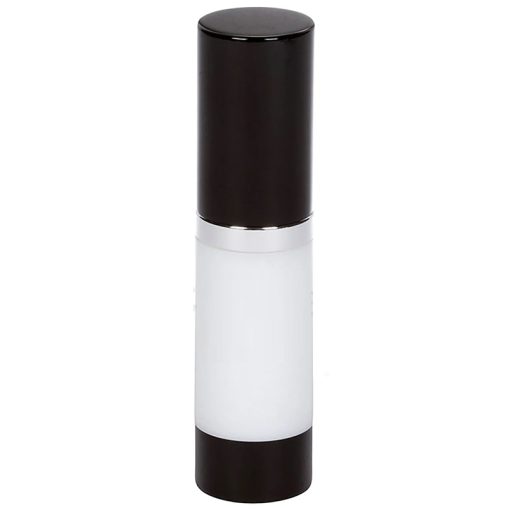 Airless Bottle, Black Cap, Shiny Silver Collar, White Body, 15 mL