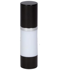 Airless Bottle, Black Cap, Shiny Silver Collar, White Body, 30 mL