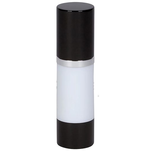 Airless Bottle, Black Cap, Shiny Silver Collar, White Body, 30 mL