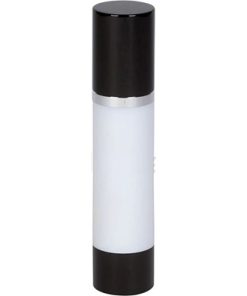 Airless Bottle, Black Cap, Shiny Silver Collar, White Body, 50 mL