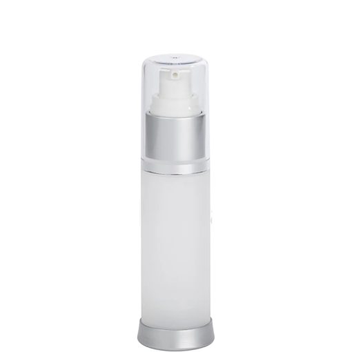 Airless Bottle, Clear Cap, Matte Silver Collar, Frosted Body, 30 mL