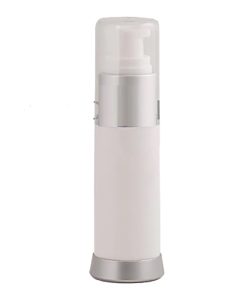 Airless Bottle, Clear Cap, Matte Silver Collar, White Body, 30 mL