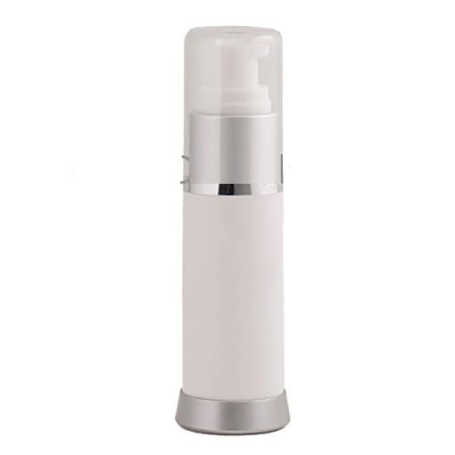 Airless Bottle, Clear Cap, Matte Silver Collar, White Body, 50 mL