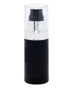 Airless Bottle, Clear Cap, Shiny Silver Collar, Matte Black Body, 30mL