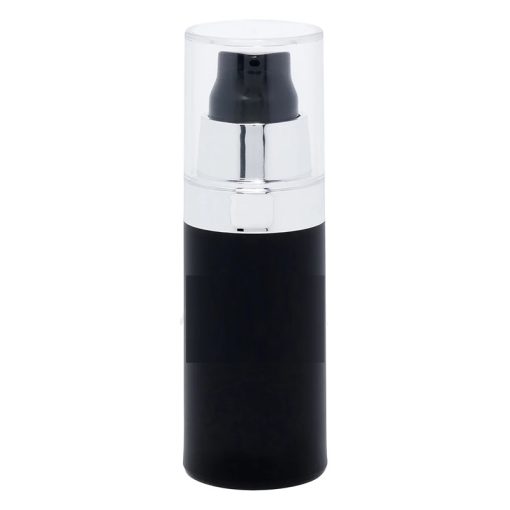 Airless Bottle, Clear Cap, Shiny Silver Collar, Matte Black Body, 30mL