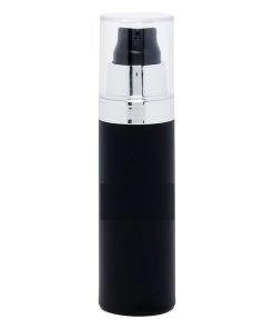 Airless Bottle, Clear Cap, Shiny Silver Collar, Matte Black Body, 50mL