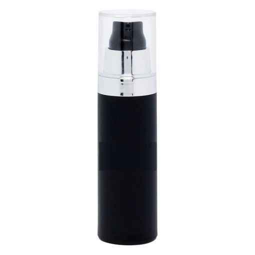 Airless Bottle, Clear Cap, Shiny Silver Collar, Matte Black Body, 50mL