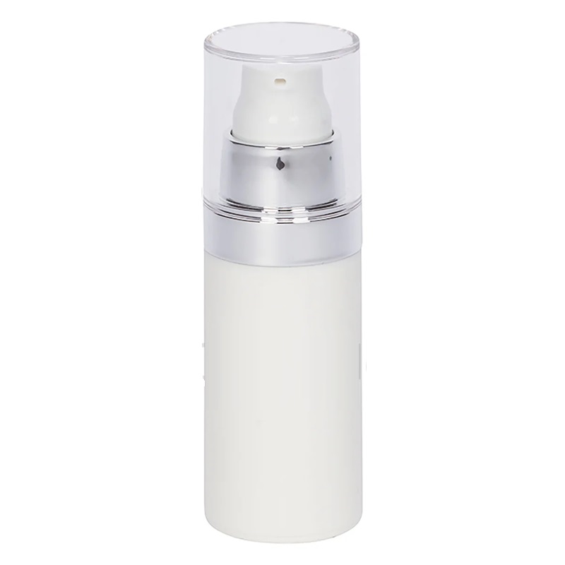 Airless Bottle, Clear Cap, Shiny Silver Collar, Matte White Body, 30mL