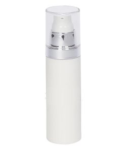 Airless Bottle, Frosted Cap with Matte Silver Band, White Collar, White Body, 30mL