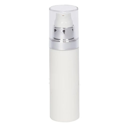 Airless Bottle, Frosted Cap with Matte Silver Band, White Collar, White Body, 30mL