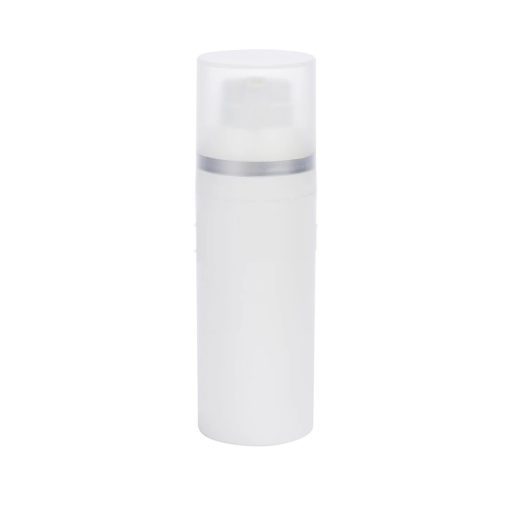 Airless Bottle, Frosted Cap with Matte Silver Band, White Collar, White Body, 50mL