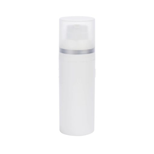 Airless Bottle, Frosted Cap with Matte Silver Band, White Collar, White Body, 75mL