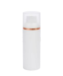 Airless Bottle, Frosted Cap with Shiny Rose Gold Band, White Collar, White Body, 30mL