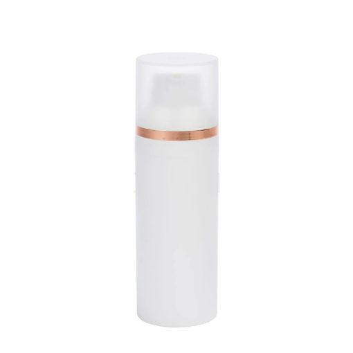 Airless Bottle, Frosted Cap with Shiny Rose Gold Band, White Collar, White Body, 30mL