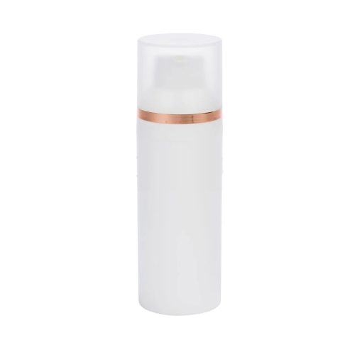 Airless Bottle, Frosted Cap with Shiny Rose Gold Band, White Collar, White Body, 50mL