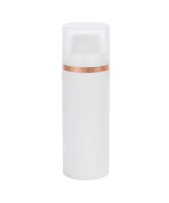 Airless Bottle, Frosted Cap with Shiny Rose Gold Band, White Collar, White Body, 75mL