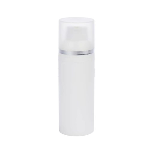Airless Bottle, Frosted Cap with Shiny Silver Band, White Collar, White Body, 50mL
