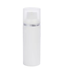 Airless Bottle, Frosted Cap with Shiny Silver Band, White Collar, White Body, 75 mL