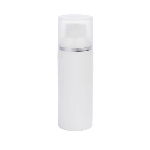Airless Bottle, Frosted Cap with Shiny Silver Band, White Collar, White Body, 75 mL