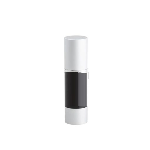 Airless Bottle, Matte Silver Cap, Shiny Silver Collar, Black Body, 30 mL