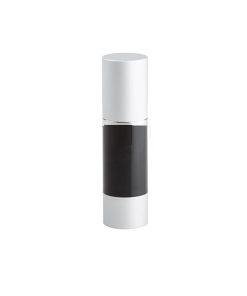 Airless Bottle, Matte Silver Cap, Shiny Silver Collar, Black Body, 50 mL