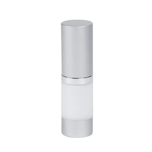 Airless Bottle, Matte Silver Cap, Shiny Silver Collar, White Body, 10 mL