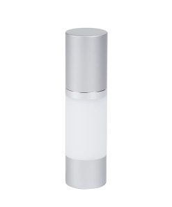 Airless Bottle, Matte Silver Cap, Shiny Silver Collar, White Body, 30 mL