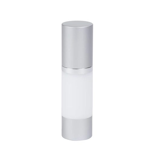 Airless Bottle, Matte Silver Cap, Shiny Silver Collar, White Body, 30 mL