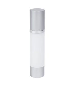 Airless Bottle, Matte Silver Cap, Shiny Silver Collar, White Body, 50 mL