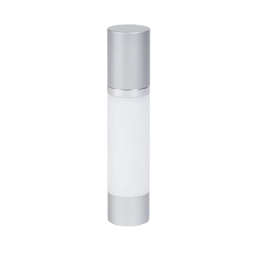 Airless Bottle, Matte Silver Cap, Shiny Silver Collar, White Body, 50 mL