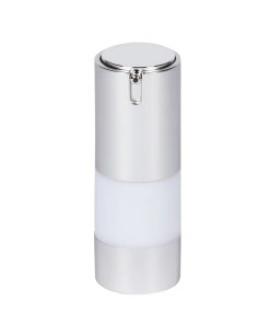 Airless Bottle, Matte Silver Collar, Shiny Silver Actuator, White Body, 15 mL