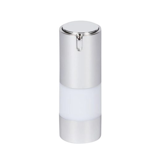 Airless Bottle, Matte Silver Collar, Shiny Silver Actuator, White Body, 15 mL