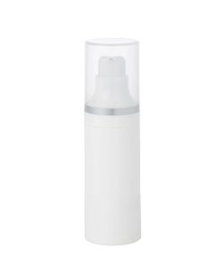 Airless Bottle, Natural Cap with Matte Silver Band, White Pump, White Body, 30mL