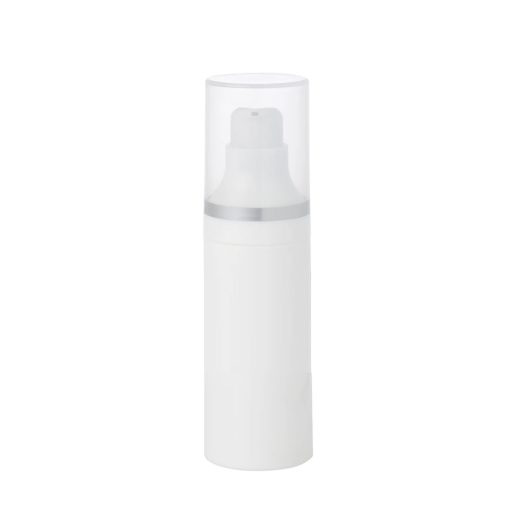 Airless Bottle, Natural Cap with Matte Silver Band, White Pump, White Body, 30mL