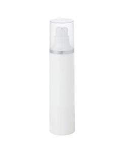 Airless Bottle, Natural Cap with Matte Silver Band, White Pump, White Body, 50mL