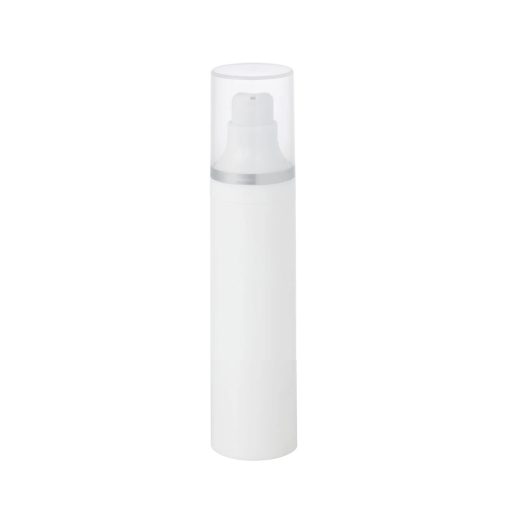 Airless Bottle, Natural Cap with Matte Silver Band, White Pump, White Body, 50mL