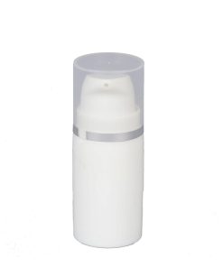 Airless Bottle, Natural Cap with Shiny Silver Band, White Pump, White Body, 5 mL