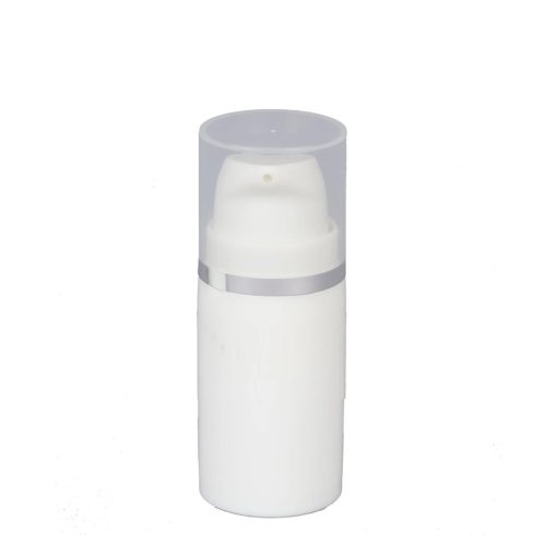 Airless Bottle, Natural Cap with Shiny Silver Band, White Pump, White Body, 5 mL