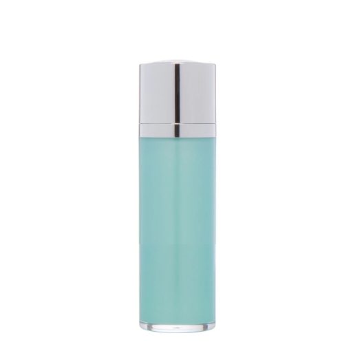 Airless Bottle, Shiny Silver Twist Up Dispenser with Shiny Actuator, Teal Body, 50 mL