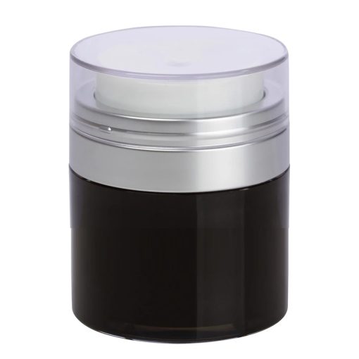 Airless Jar, Clear Cap, Matte Silver Collar, Black Body, PP Inner Cup, 30 mL