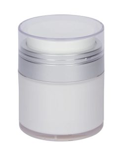 Airless Jar, Clear Cap, Matte Silver Collar, Opaque White Body, 30 mL