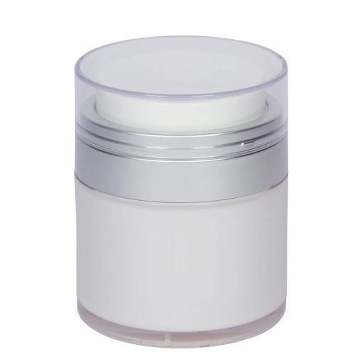 Airless Jar, Clear Cap, Matte Silver Collar, Opaque White Body, 30 mL