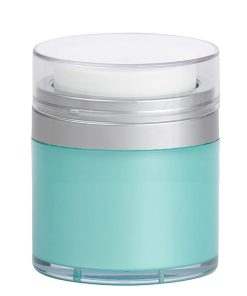 Airless Jar Clear Cap Matte Silver Collar Teal Blue Body PP Inner Cup 30 mL