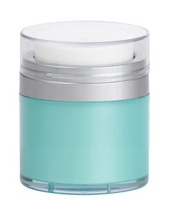 Airless Jar, Clear Cap, Matte Silver Collar, Teal Blue Body, PP Inner Cup, 50 mL