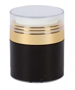 Airless Jar, Clear Cap, Shiny Gold Collar, Black Body with Natural Inner Cup, 30 mL